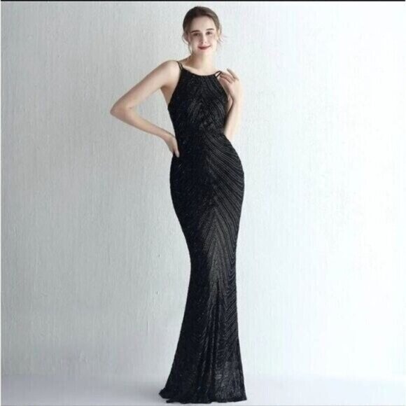 Black, O Neck Sleeveless,  Detachable Skirt, Contrast Sequined Mermaid G… - Picture 5 of 13